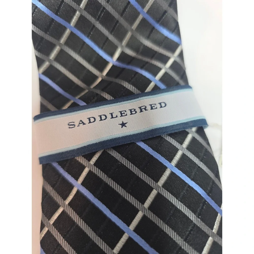 Saddlebred NWT M's Silk Necktie BlackBlueSilverPlaid GridStripedStain Resistant
